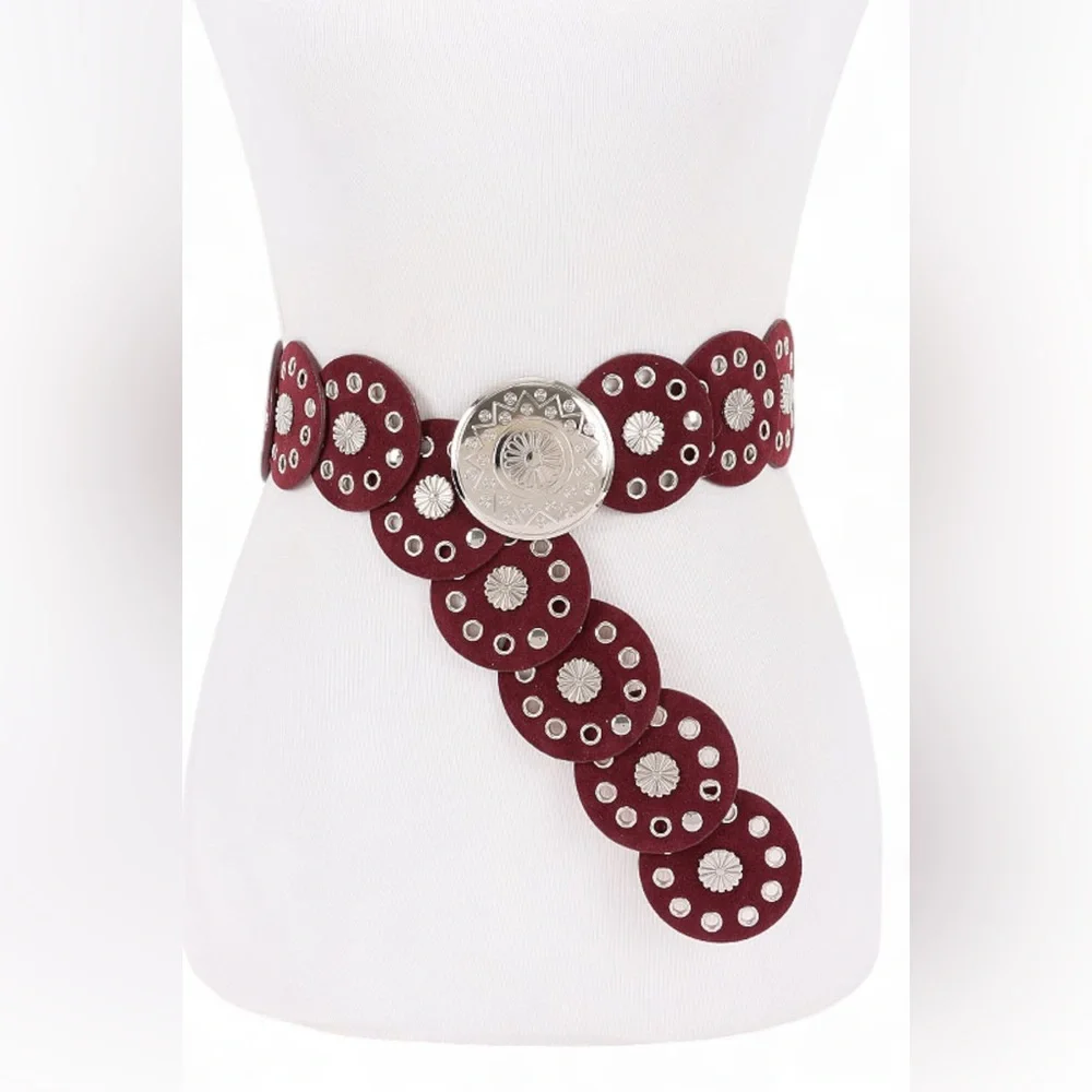 Silver Engraved Round Circle Concho Western Statement Belt